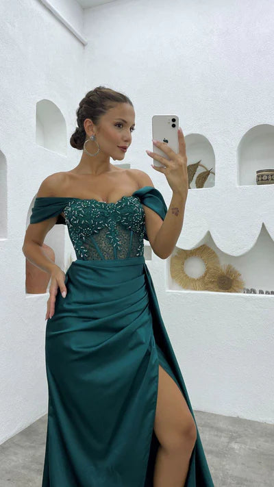 NEW ARRIVAL OFF-THE-SHOULDER SLEEVELESS MERMAID EVENING PARTY GOWNS LONG SLIT TP54