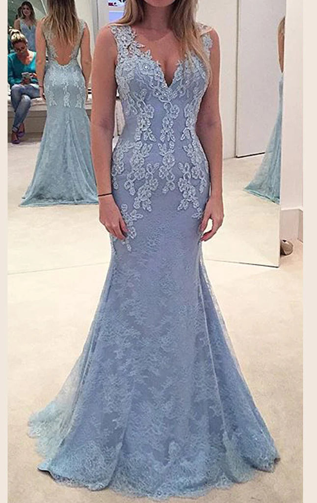 Mermaid Straps V Neck Lace Maxi Prom Dress Sky Blue Formal Gown TP23