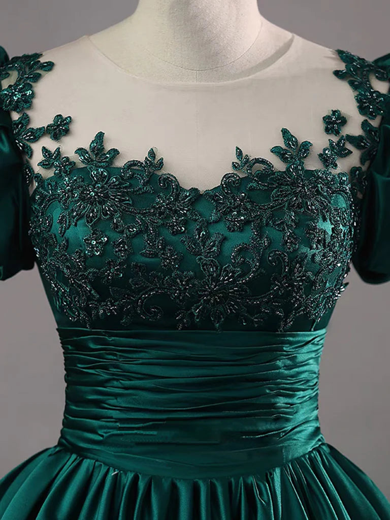 Green Round Neck Satin Lace Long Prom Dress, Green Lace Formal Dress TP32