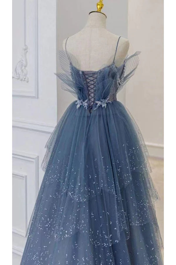 Gorgeous Blue Sparkly Tulle Beaded Prom Dress, Tiered Formal Gown With Rhinestone Tp01