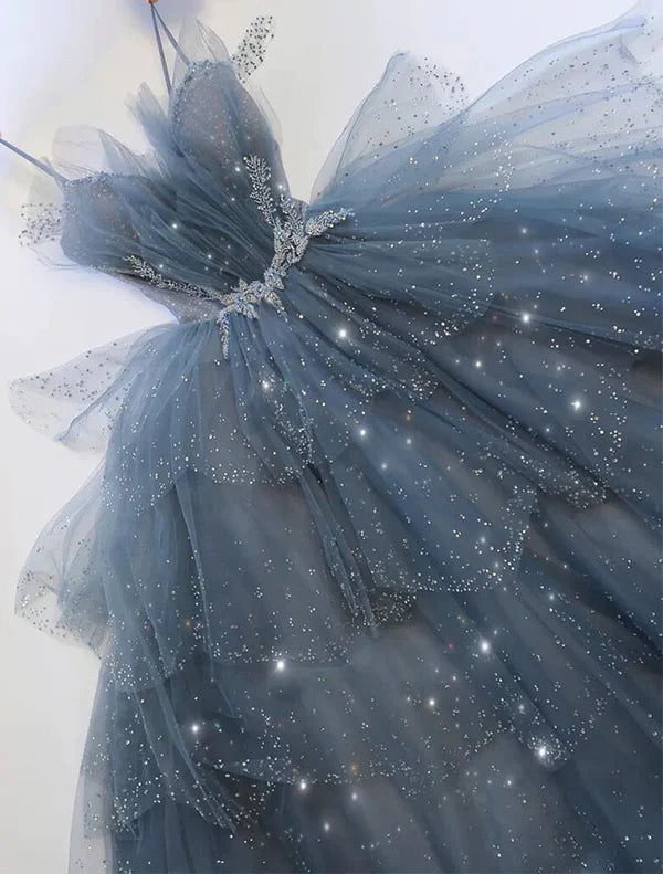 Gorgeous Blue Sparkly Tulle Beaded Prom Dress, Tiered Formal Gown With Rhinestone Tp01