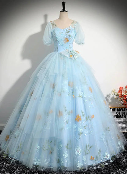 Light Blue Tulle Floor Length Prom Dress, Beautiful Short Sleeves Sweet 16 Dress TP1101