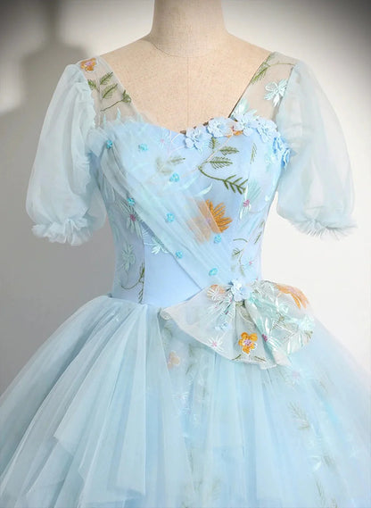 Light Blue Tulle Floor Length Prom Dress, Beautiful Short Sleeves Sweet 16 Dress TP1101