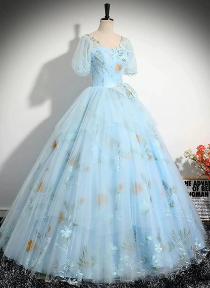 Light Blue Tulle Floor Length Prom Dress, Beautiful Short Sleeves Sweet 16 Dress TP1101