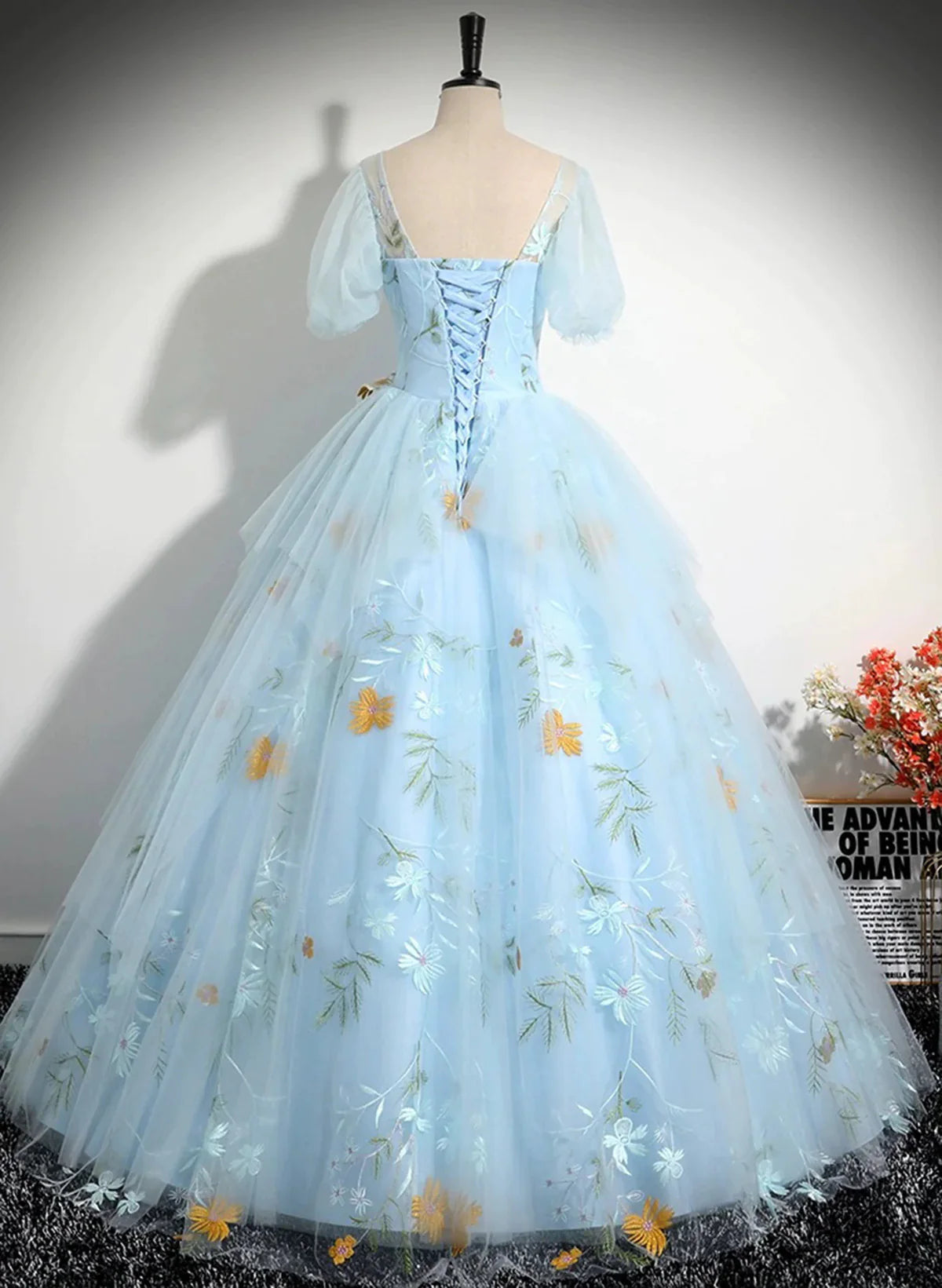 Light Blue Tulle Floor Length Prom Dress, Beautiful Short Sleeves Sweet 16 Dress TP1101