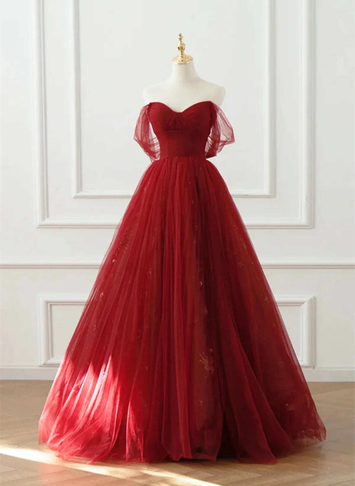 Wine Red Tulle Sweetheart Off Shoulder Prom Dress, Wine Red Tulle Evening Dress TP1102