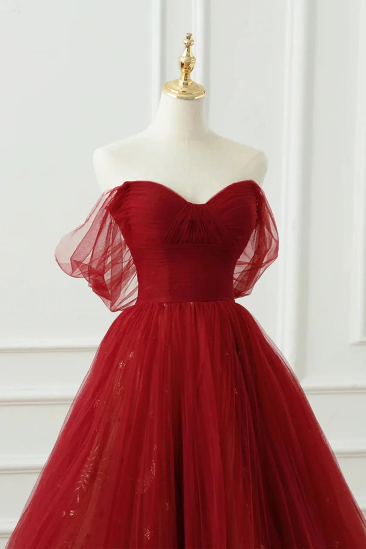 Wine Red Tulle Sweetheart Off Shoulder Prom Dress, Wine Red Tulle Evening Dress TP1102