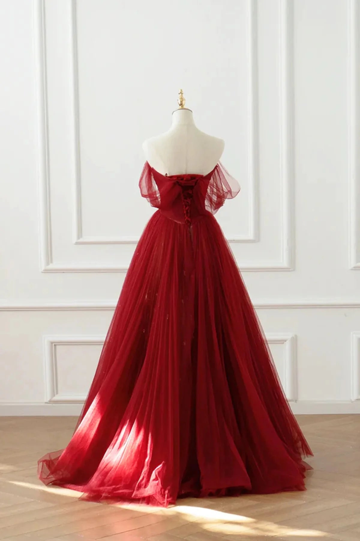 Wine Red Tulle Sweetheart Off Shoulder Prom Dress, Wine Red Tulle Evening Dress TP1102