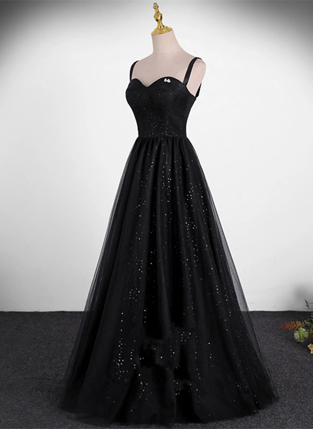 A-line Sweetheart Black Tulle Long Formal Dress, Black Simple Prom Dress TP1104