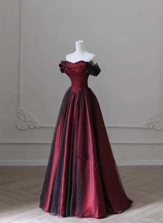 Black and Red Long Prom Dress Evening Dress, Off Shoulder A-line Party Dress TP1106