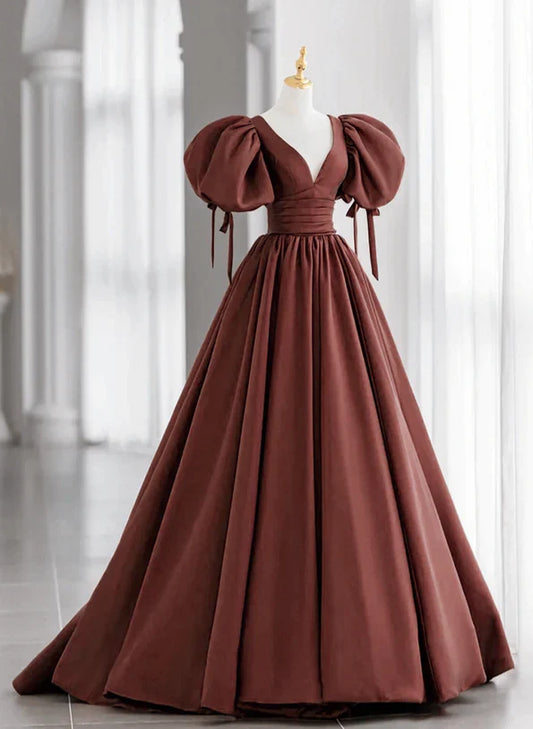 Brown Satin Short Sleeves Long Party Dress, A-line Satin Prom Dress TP1107