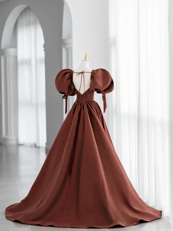 Brown Satin Short Sleeves Long Party Dress, A-line Satin Prom Dress TP1107