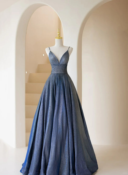 A-line Blue Straps V-neckline Long Prom Dress, Blue A-line Evening Dress TP1109