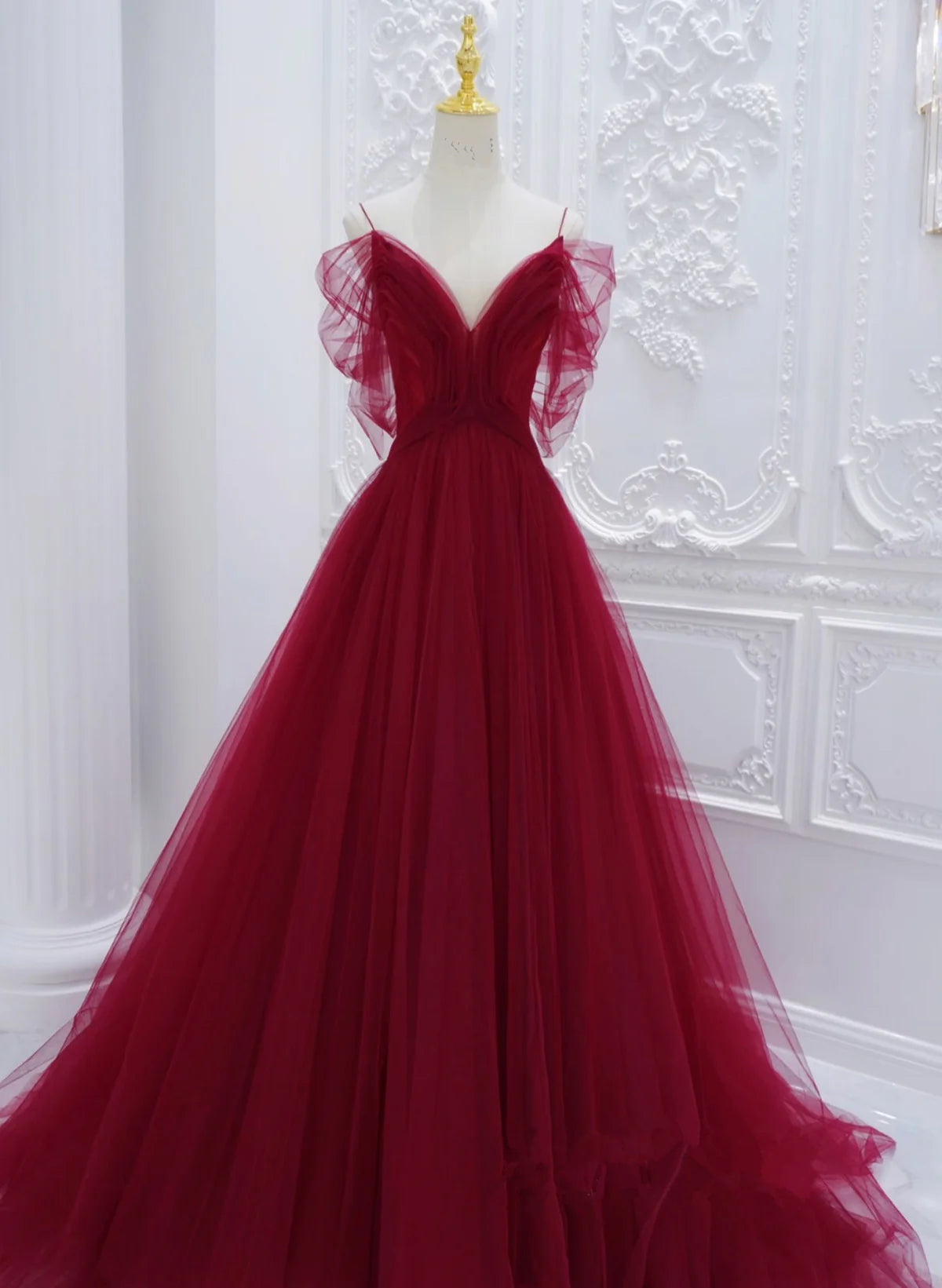 Red Off Shoulder Tulle A-line Formal Dress, Red Tulle Long Evening Dress Prom Dress TP1110