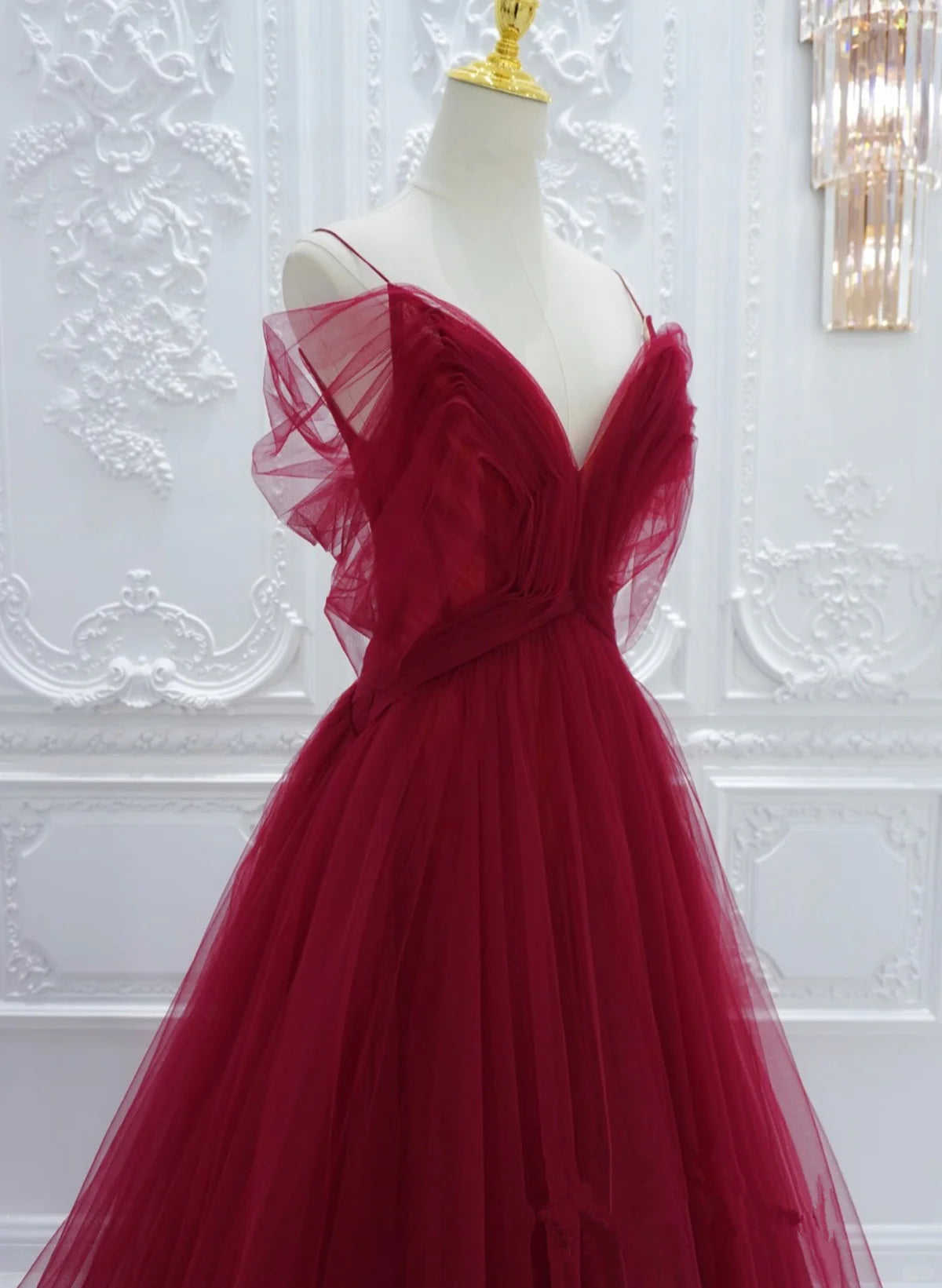 Red Off Shoulder Tulle A-line Formal Dress, Red Tulle Long Evening Dress Prom Dress TP1110