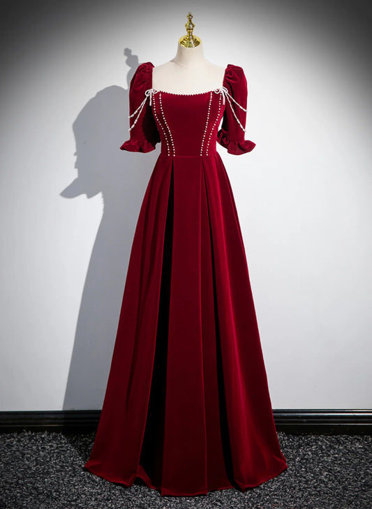 Wine Red A-line Velvet Long Bridesmaid Dress, Wine Red Long Prom Dress TP1111