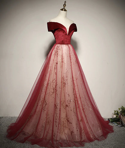 Red Off Shoulder Tulle A-line Long Formal Dress, Red Tulle Prom Dress TP1112