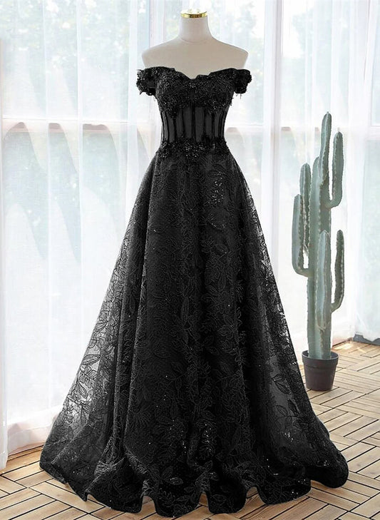 A-line Black Off Shoulder Long Lace Party Dress, Off Shoulder Prom Dress TP1116