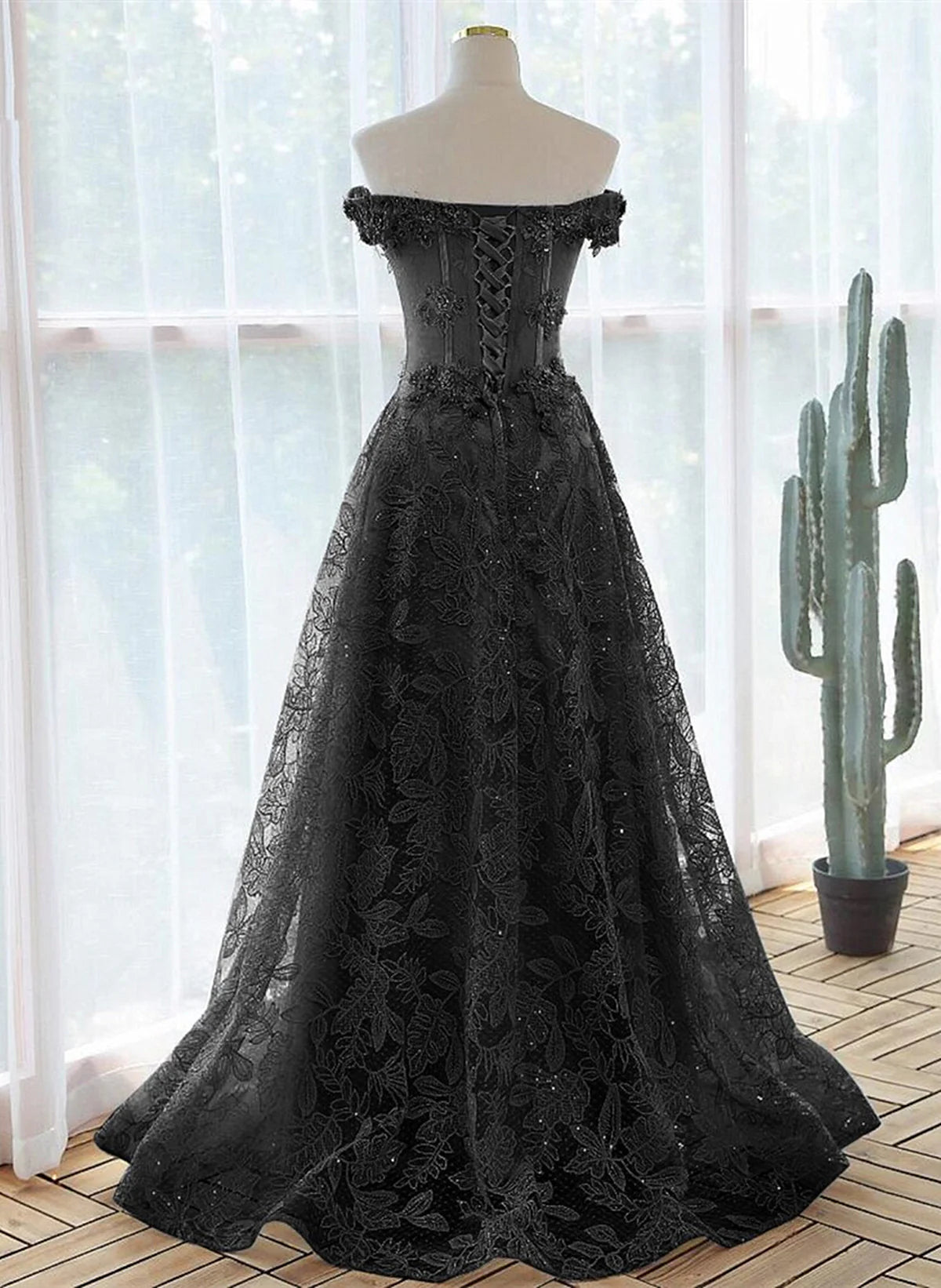 A-line Black Off Shoulder Long Lace Party Dress, Off Shoulder Prom Dress TP1116