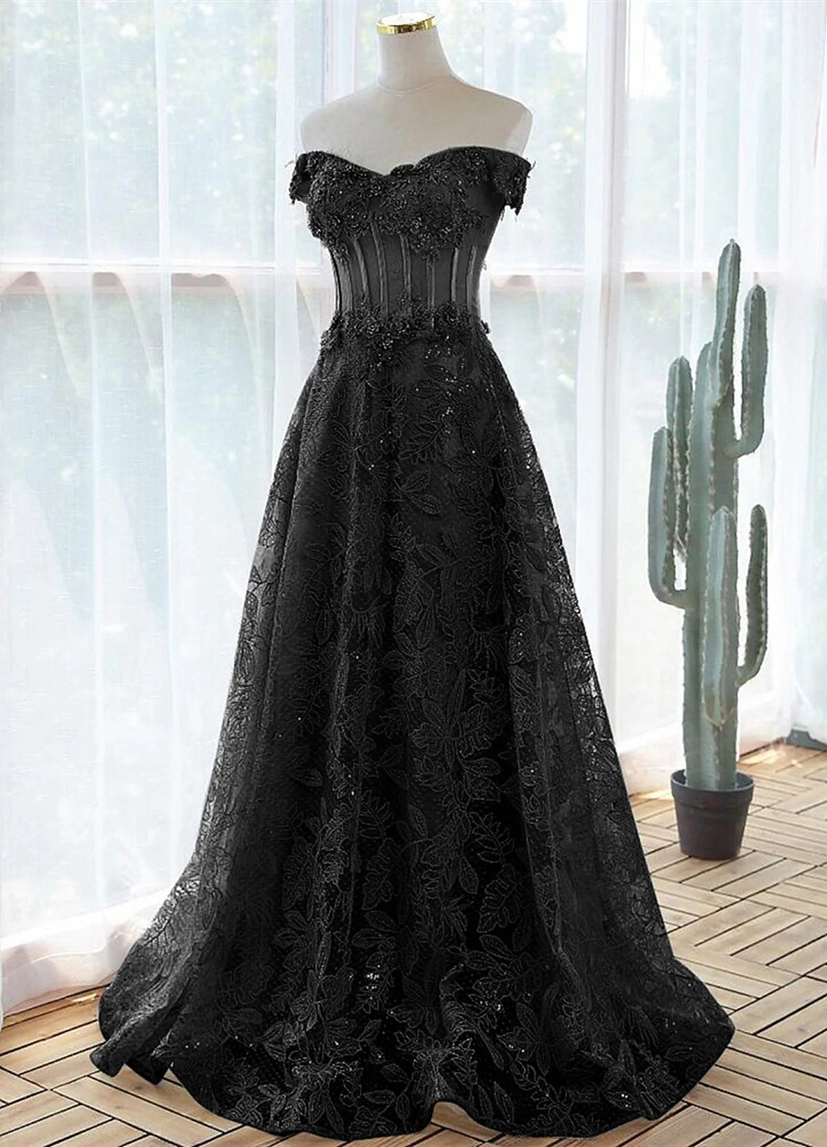 A-line Black Off Shoulder Long Lace Party Dress, Off Shoulder Prom Dress TP1116