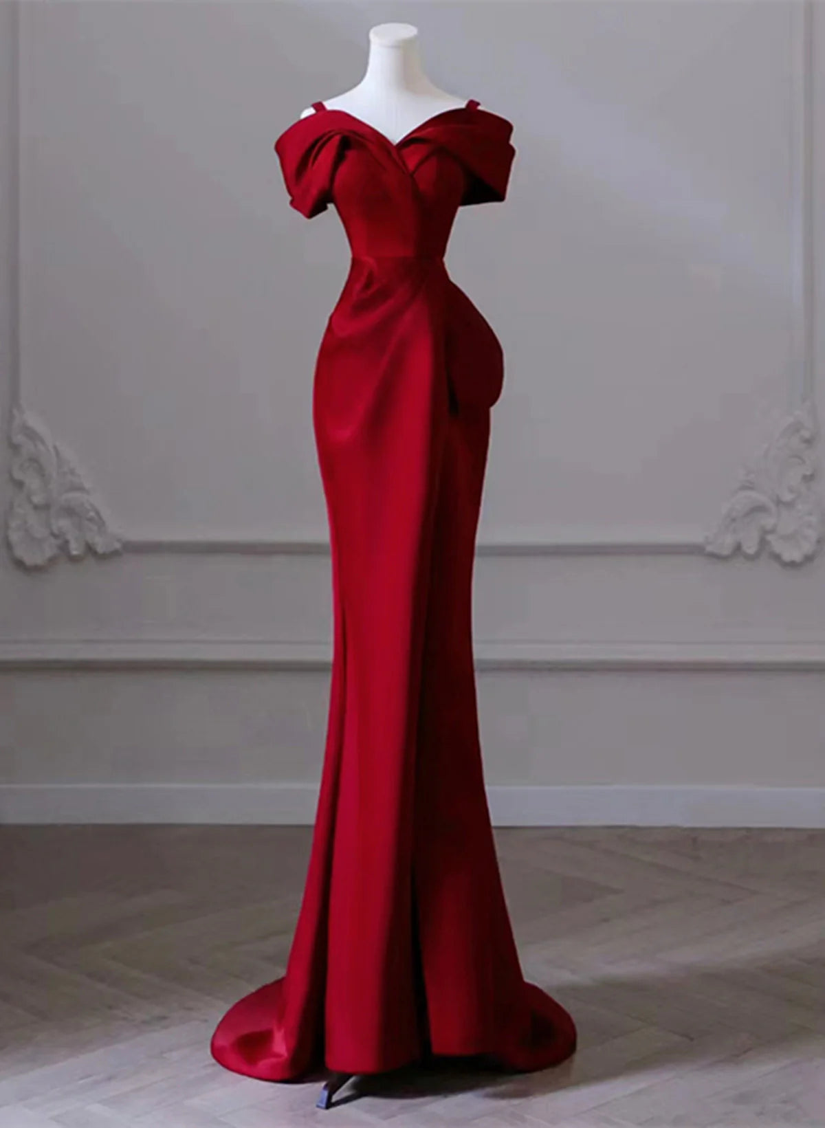 Wine Red Satin Off Shoulder Long Evening Dress, Wine Red Formal Dress Prom Dress TP1123