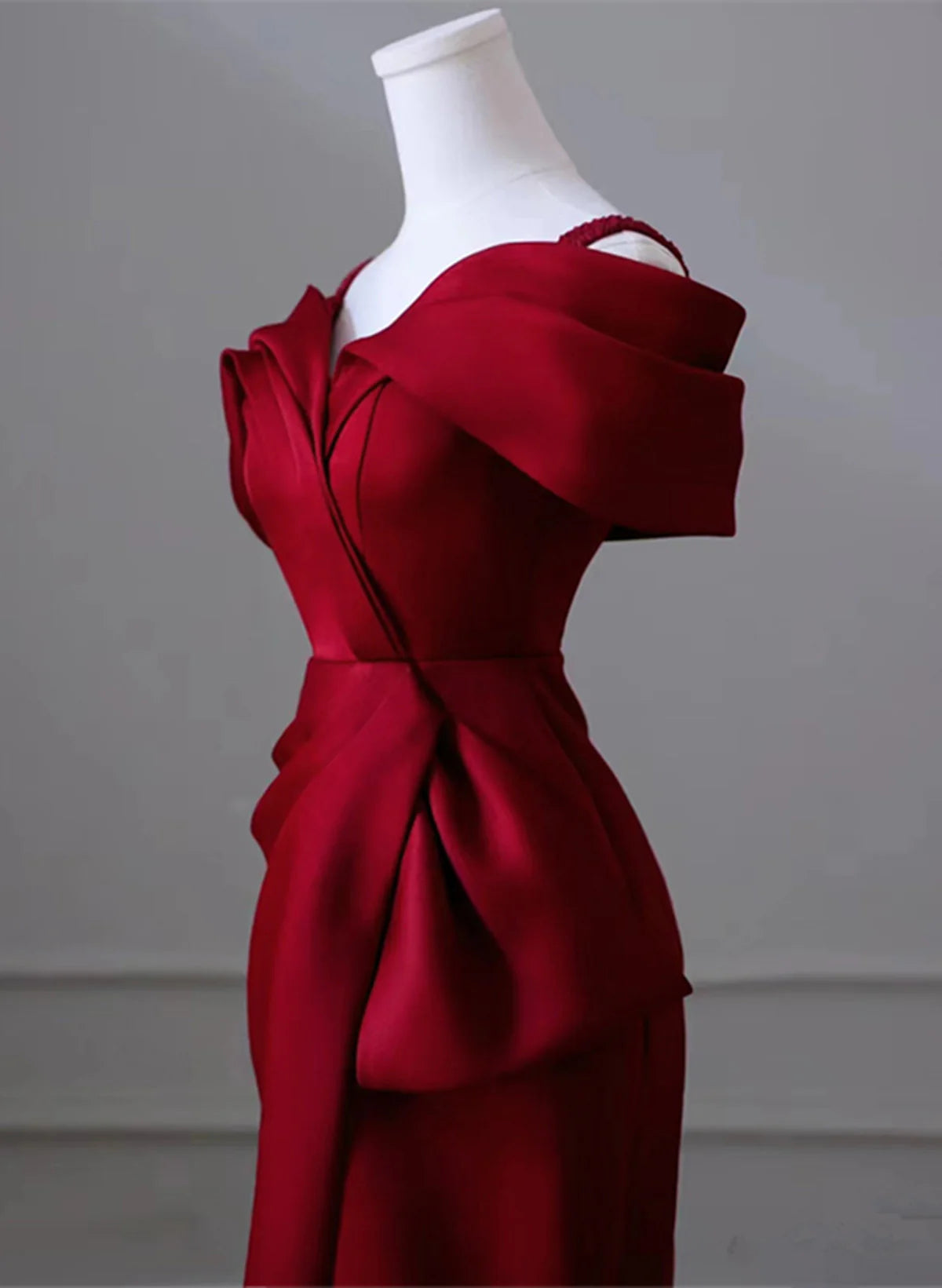 Wine Red Satin Off Shoulder Long Evening Dress, Wine Red Formal Dress Prom Dress TP1123