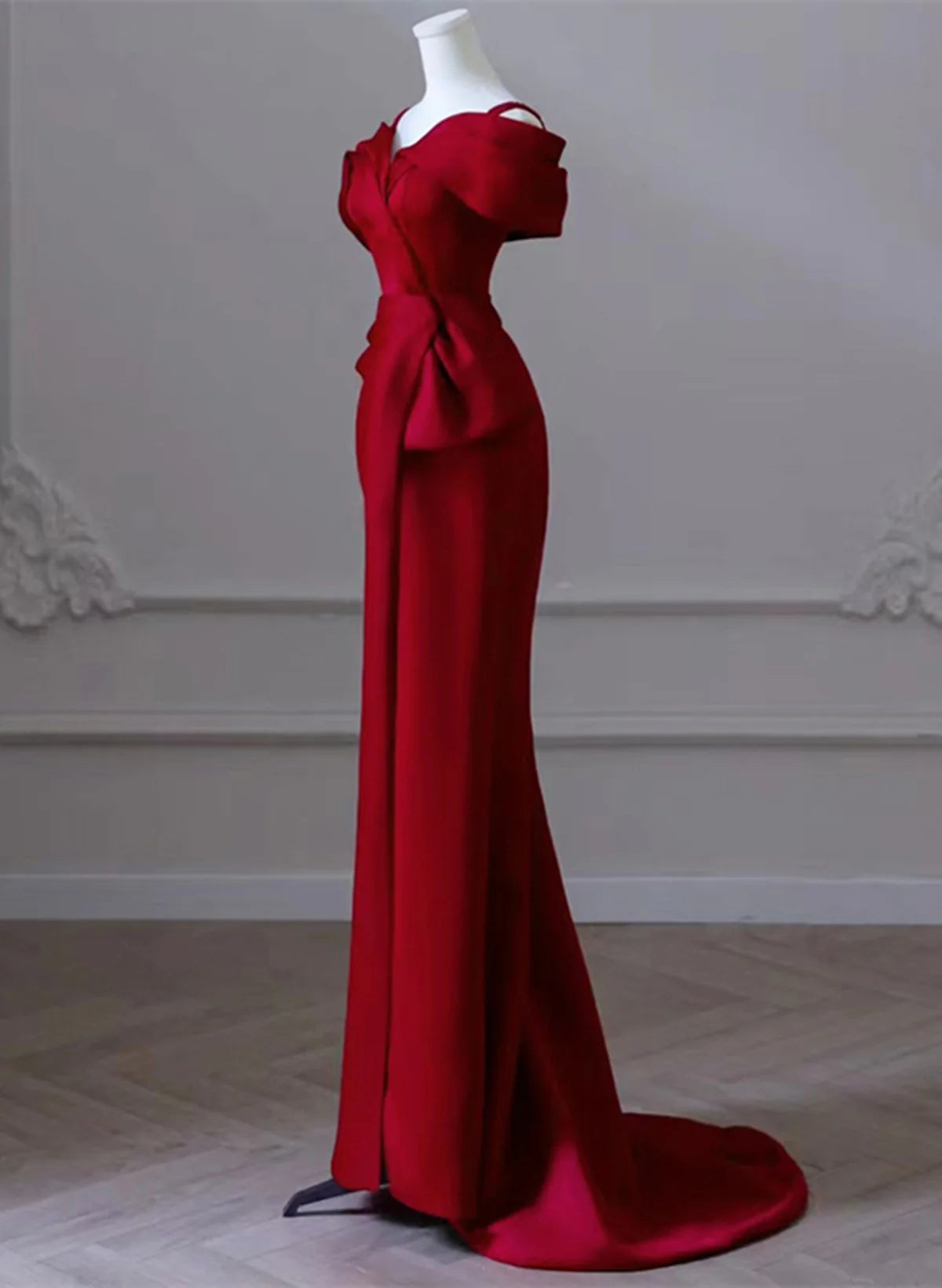 Wine Red Satin Off Shoulder Long Evening Dress, Wine Red Formal Dress Prom Dress TP1123