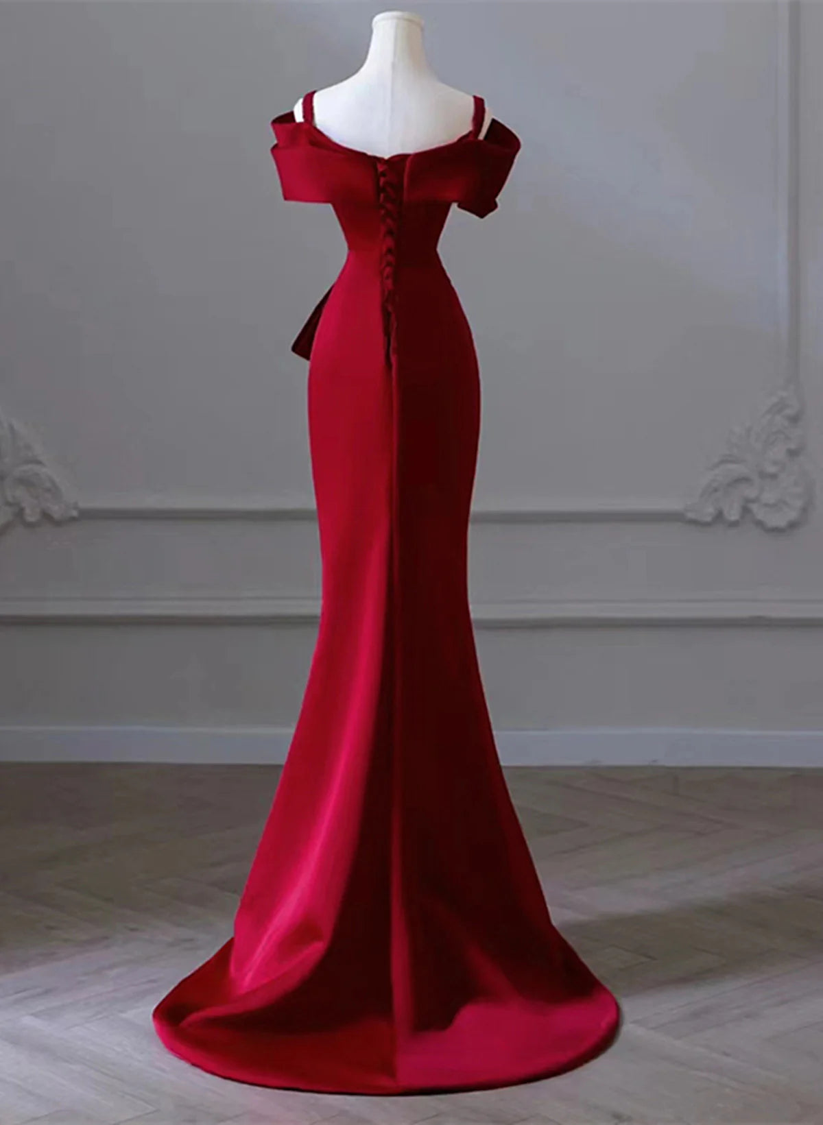 Wine Red Satin Off Shoulder Long Evening Dress, Wine Red Formal Dress Prom Dress TP1123