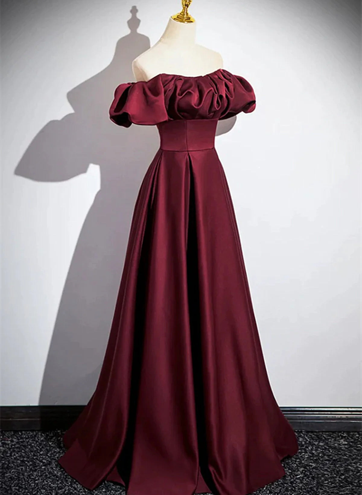 Wine Red Satin A-line Simple Off Shoulder Prom Dress, Wine Red Evening Dress TP1126