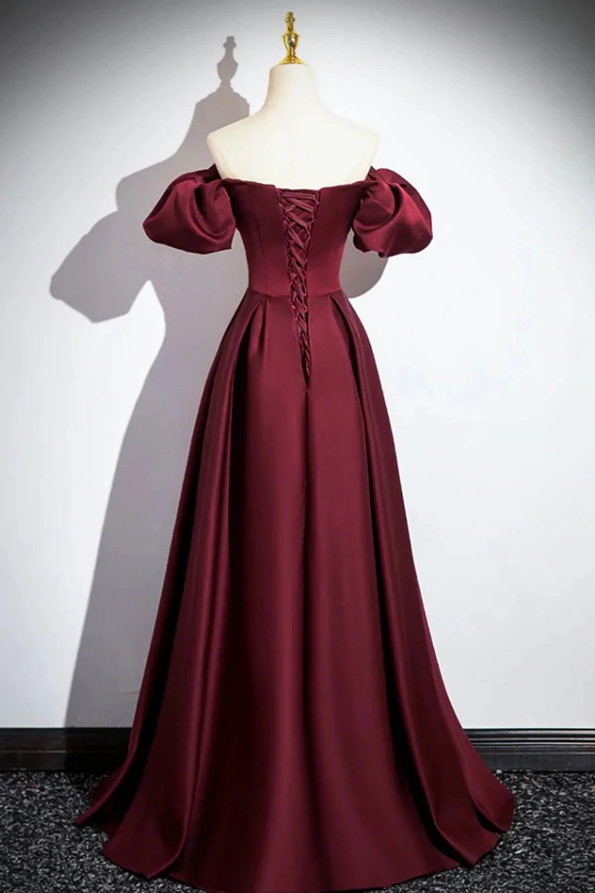 Wine Red Satin A-line Simple Off Shoulder Prom Dress, Wine Red Evening Dress TP1126