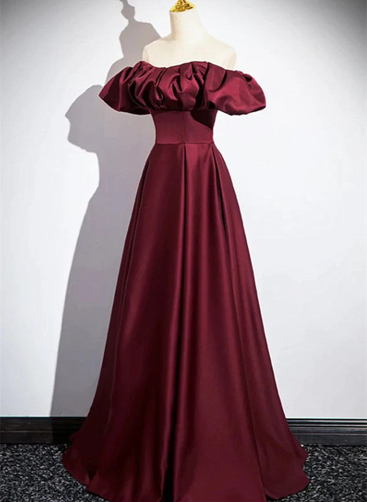 Wine Red Satin A-line Simple Off Shoulder Prom Dress, Wine Red Evening Dress TP1126