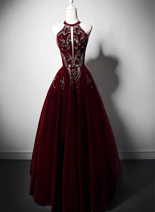 Beautiful Wine Red Velvet Long Evening Dress, Beaded Wine Red Party Dress Formal Dress TP1127