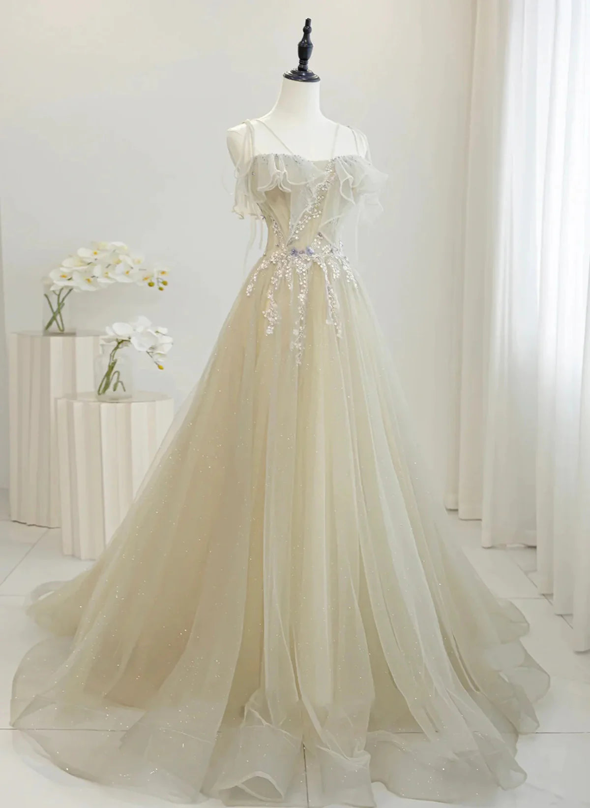 A-line Tulle Straps Beaed Lace Long Formal Dress, Tulle Evening Dress Prom Dress TP1128