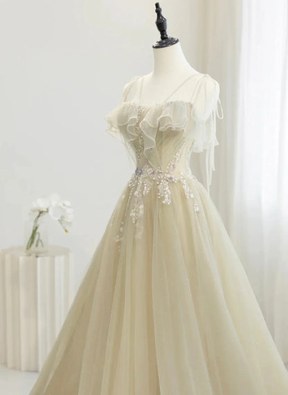 A-line Tulle Straps Beaed Lace Long Formal Dress, Tulle Evening Dress Prom Dress TP1128