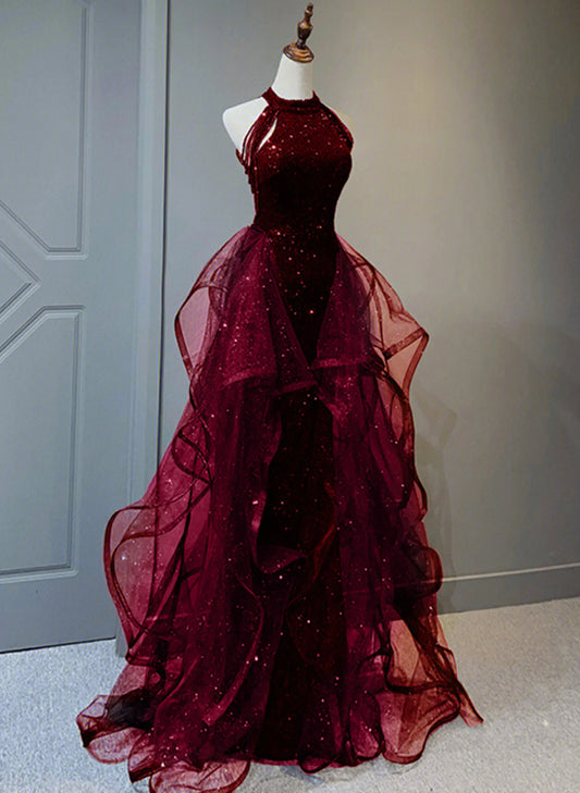 A-line Sequins with Tulle Wine Red Long Party Dress, Wine Red Halter Prom Dress TP1132