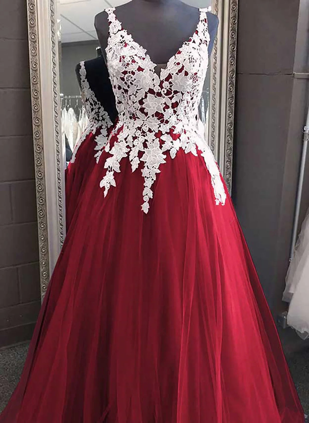 Wine Red Tulle with White Lace V-neckline Prom Dress, Wine Red Long Evening Dress TP1136