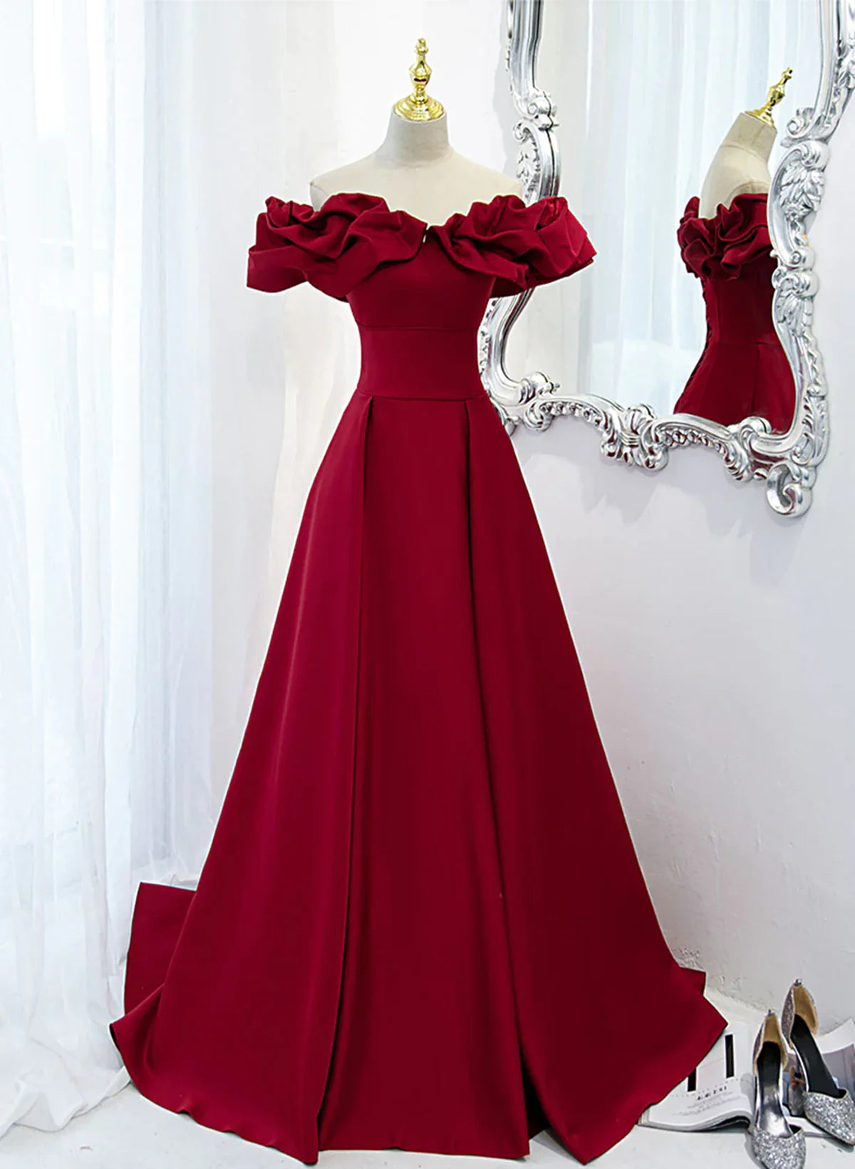 Wine Red Off Shoulder Sweetheart Long Party Dress, Wine Red Prom Dress Evening Dress TP1142