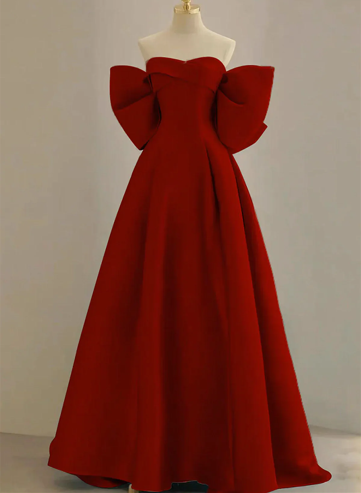 Cute Wine Red Satin Off Shoulder Long Party Dress with Bow, Wine Red Prom Dress TP1145