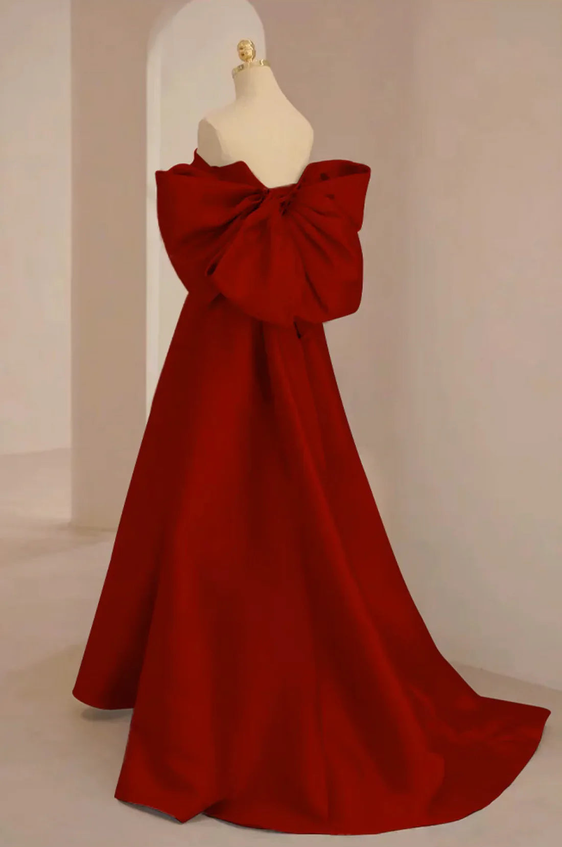 Cute Wine Red Satin Off Shoulder Long Party Dress with Bow, Wine Red Prom Dress TP1145