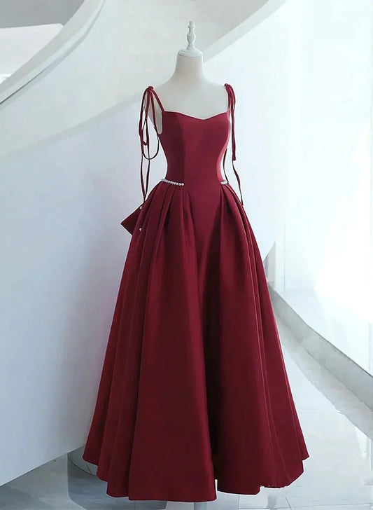 Wine Red Satin Straps Long Evening Dress, Wine Red Long Prom Dress TP1149