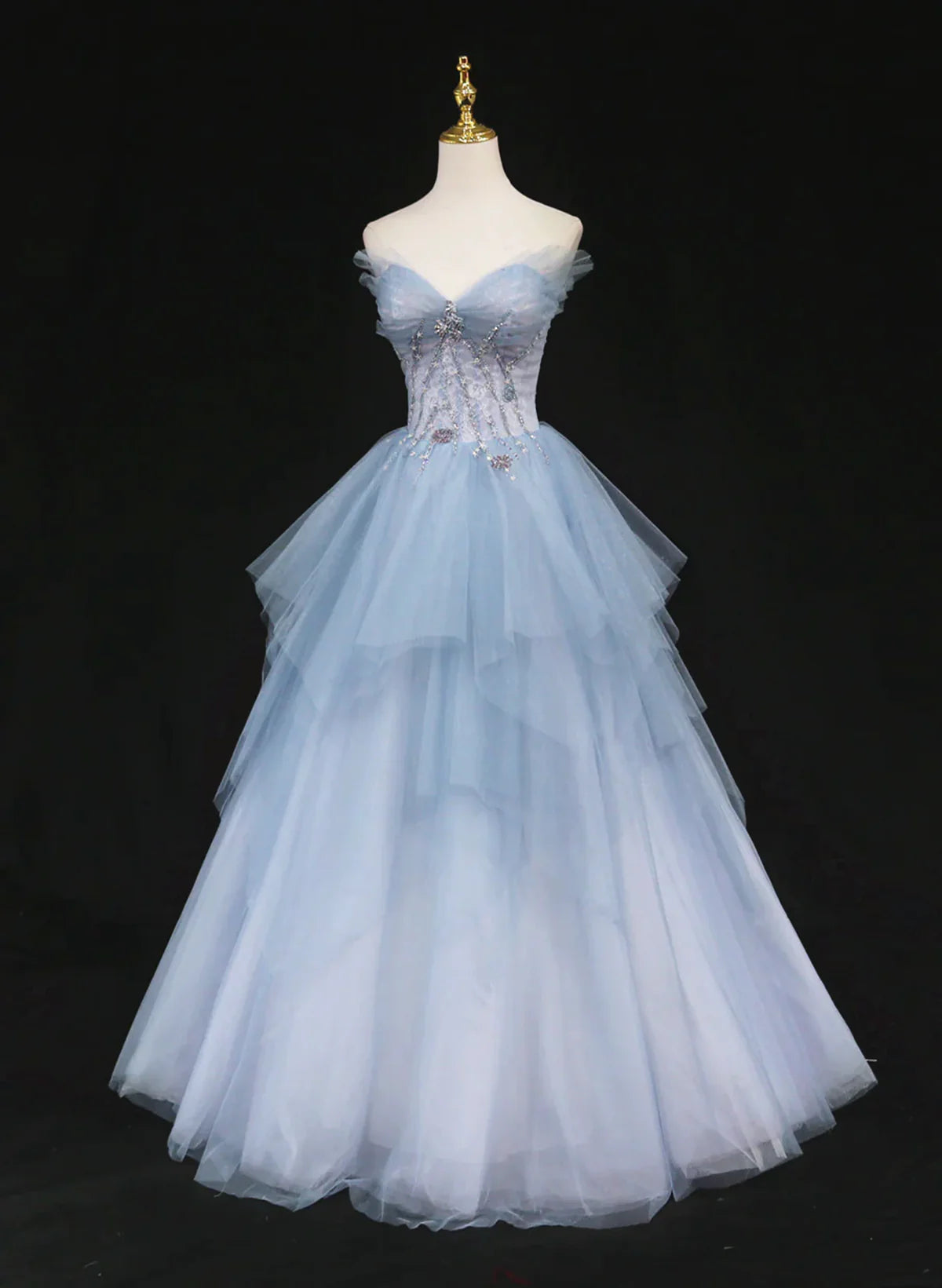 Light Blue Gradient Tulle with Beaded Long Formal Dress, Light Blue Long Prom Dress TP1153