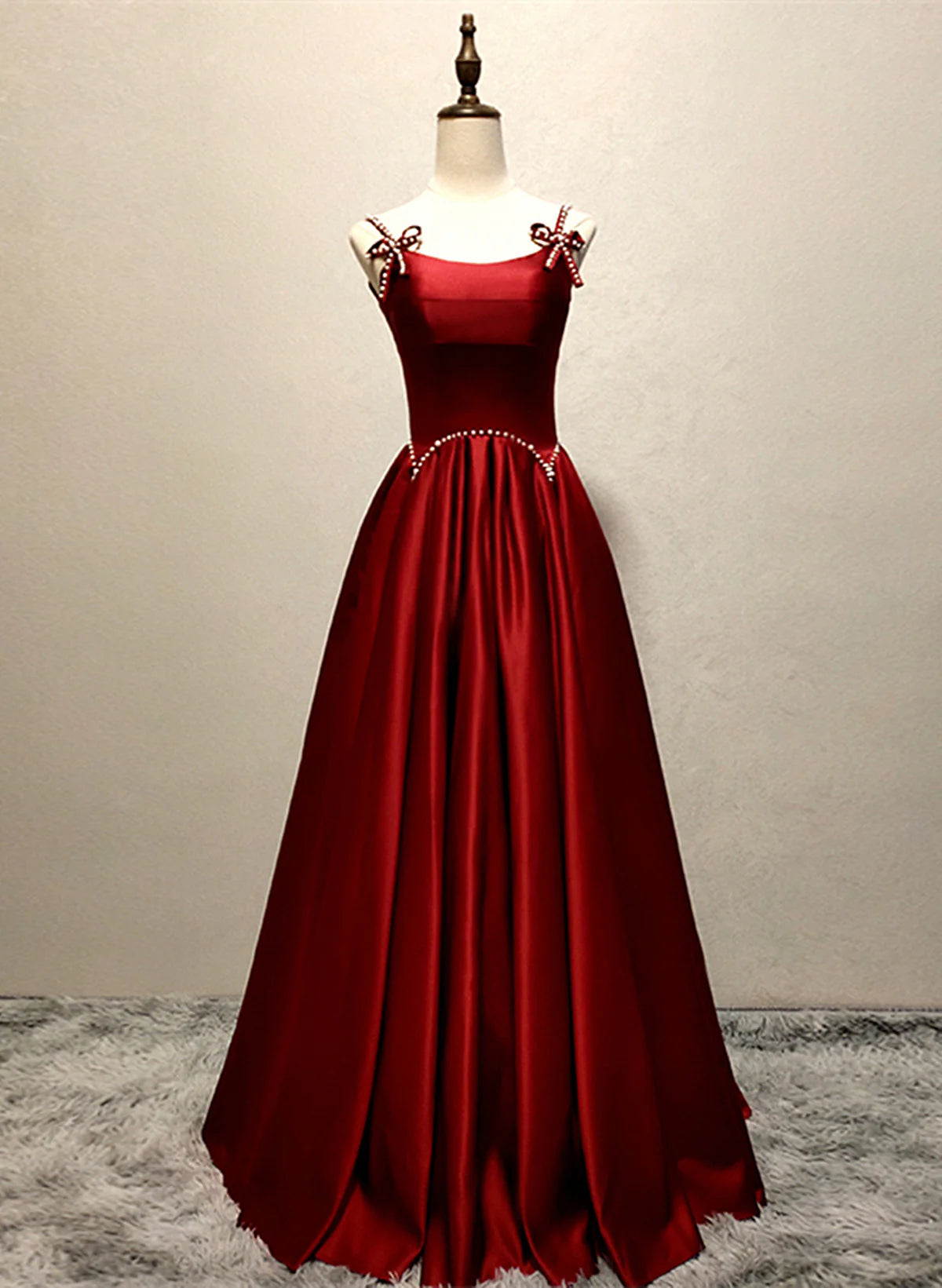 Wine Red Straps Satin Long Party Dress, Wine Red A-line Long Prom Dress TP1160