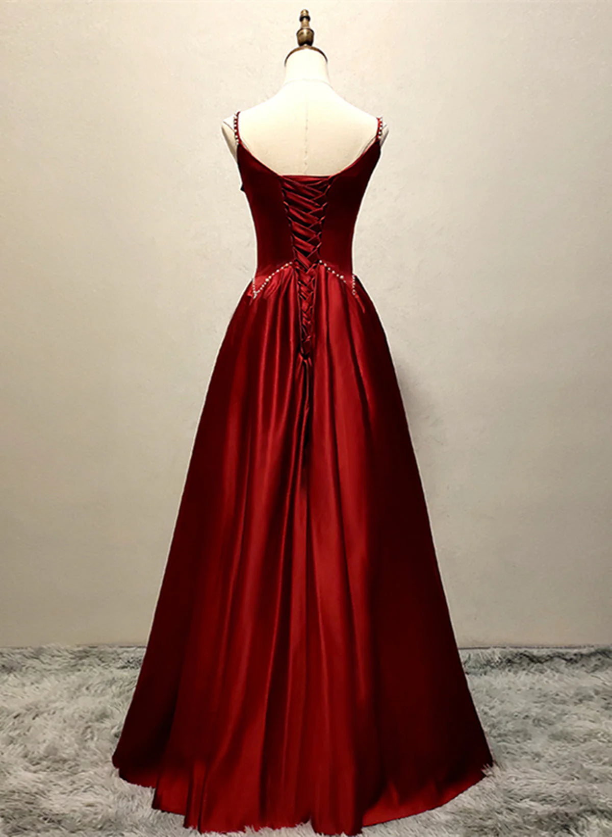 Wine Red Straps Satin Long Party Dress, Wine Red A-line Long Prom Dress TP1160