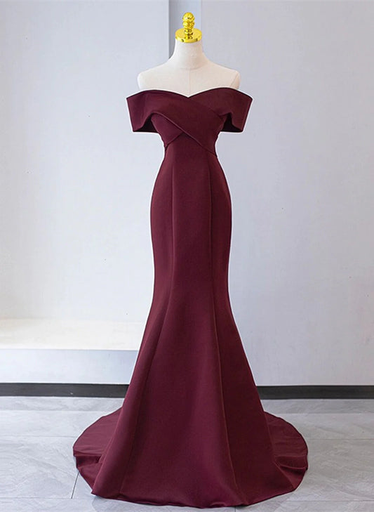 Wine Red Mermaid Lace-up Satin Long Formal Dress, Wine Red Off Shoulder Evening Dress TP1167