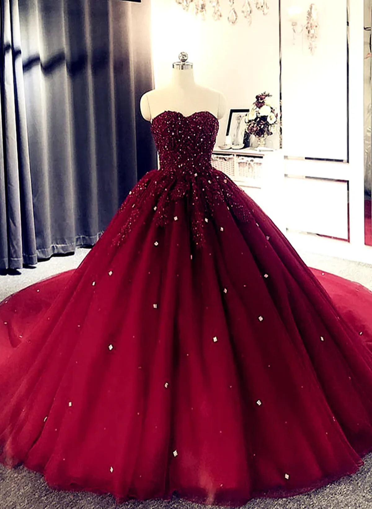 Burgundy Ball Gown Sweetheart Beaded Formal Gown, Burgundy Sweet 16 Dress TP1168