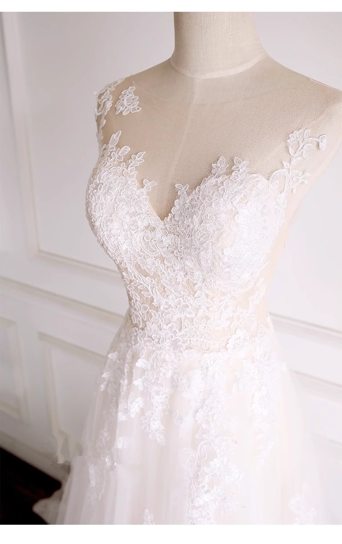 Ivory Tulle with Lace Round Neckline Long Wedding Party Dress, Ivory Tulle Prom Dress TP1171