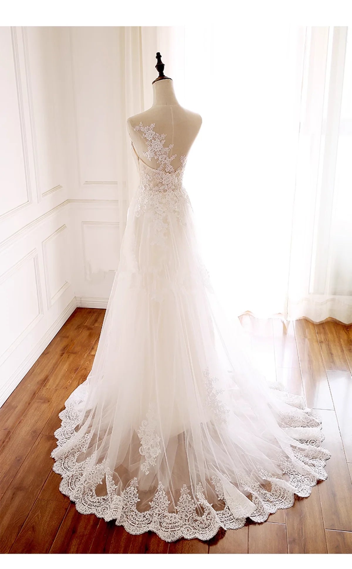 Ivory Tulle with Lace Round Neckline Long Wedding Party Dress, Ivory Tulle Prom Dress TP1171