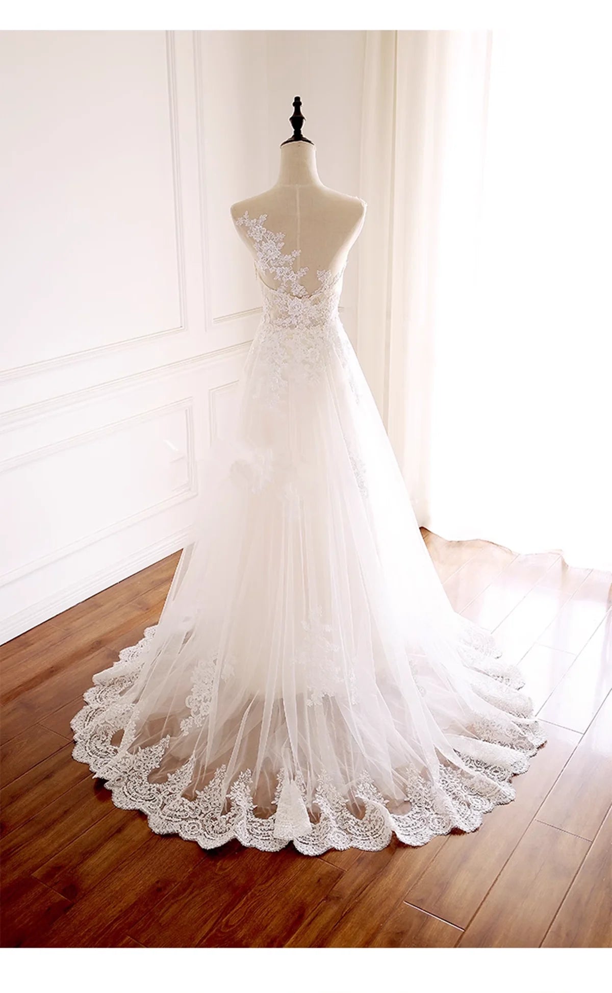 Ivory Tulle with Lace Round Neckline Long Wedding Party Dress, Ivory Tulle Prom Dress TP1171