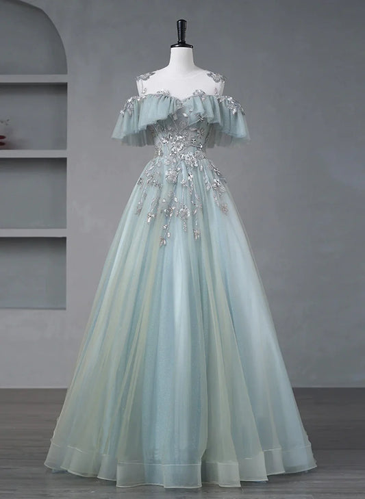 Glam Blue Tulle Sequins Lace Round Neckline Long Prom Dress, Blue Wedding Party Dress TP1175