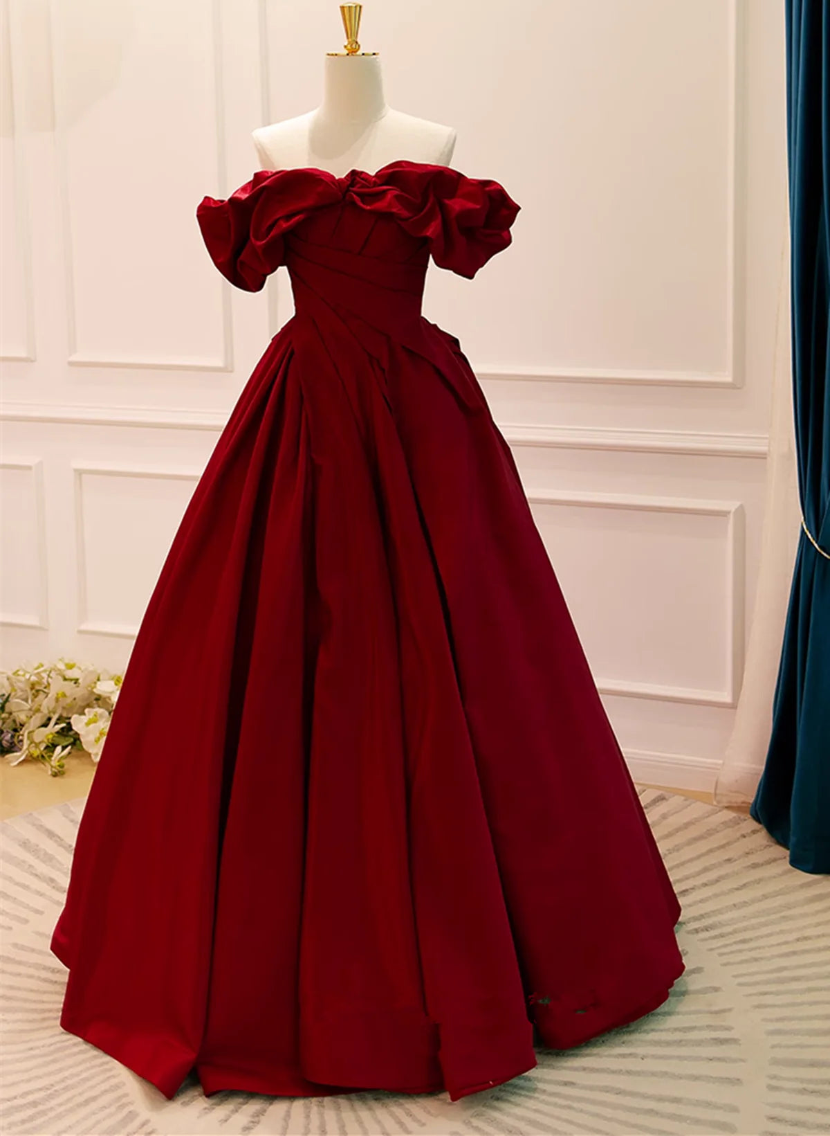 Wine Red Satin Off Shoulder Chic Long Party Dress, Wine Red Sweetheart Prom Dress TP1177